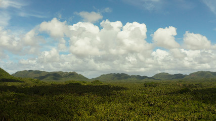 Fototapeta na wymiar Tropical island covered with green rainforest with hills and mountains. Cloudy landscape over the island. Siargao,Philippines