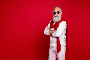 Fototapeta na wymiar Portrait of his he nice attractive handsome content virile classy bearded gray-haired man folded arms lifestyle isolated over bright vivid shine red background