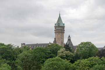 Fototapeta na wymiar View with clock tower of the Museum of The Central Bank of Luxembourg.