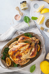 Homemade whole stuffed and baked turkey or chicken.