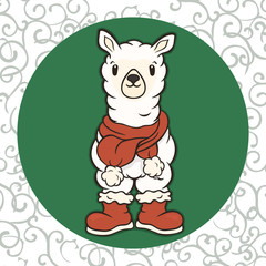 Christmas cartoon lama character in Santa's boots and scarf with pompon editable vector image. Merry Christmas greeting card with fun alpaca. Funny winter card with a cartoon llama. New Year's poster.