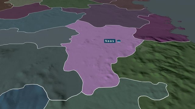 Kildare - county of Ireland with its capital zoomed on the administrative map of the globe. Animation 3D