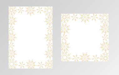 Two decorative winter backgrounds, golden snowflakes at the white background. Vector illustration. 