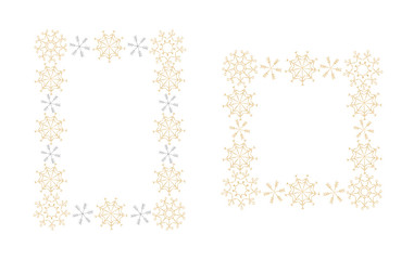 Set of 2 golden snowflake frames. Winter festive borders, A4 and square format Vector illustration.