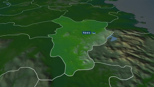 Kildare - county of Ireland with its capital zoomed on the physical map of the globe. Animation 3D