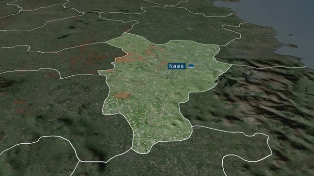 Kildare - county of Ireland with its capital zoomed on the satellite map of the globe. Animation 3D