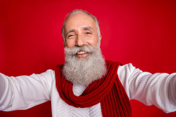 Self-portrait of his he nice attractive well-groomed cheerful cheery gray-haired man having fun...