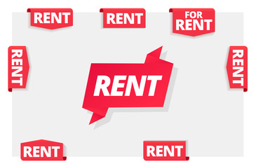 Rent label. Flag, sticker on the corner of the page. Word on red tag headline. Red tape text title. Real estate property or bike, car rental. Vector flat color Illustration .