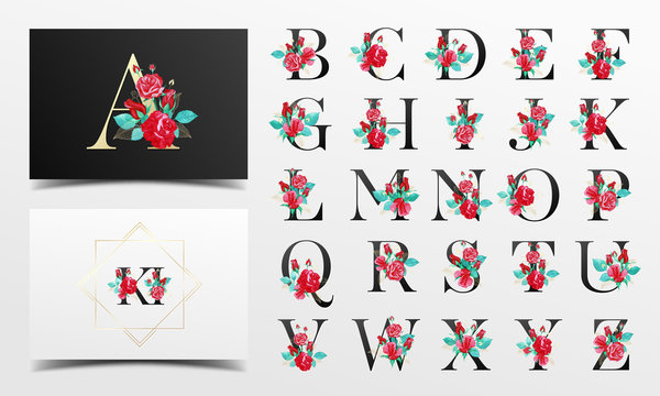 Beautiful alphabet collection with red watercolor floral decoration