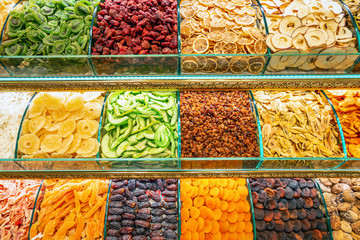 Istanbul, Turkey, Various of traditional Turkish delicious sweets in the Egyptian spicy market and the Grand Bazaar with rahat lukum in counter.