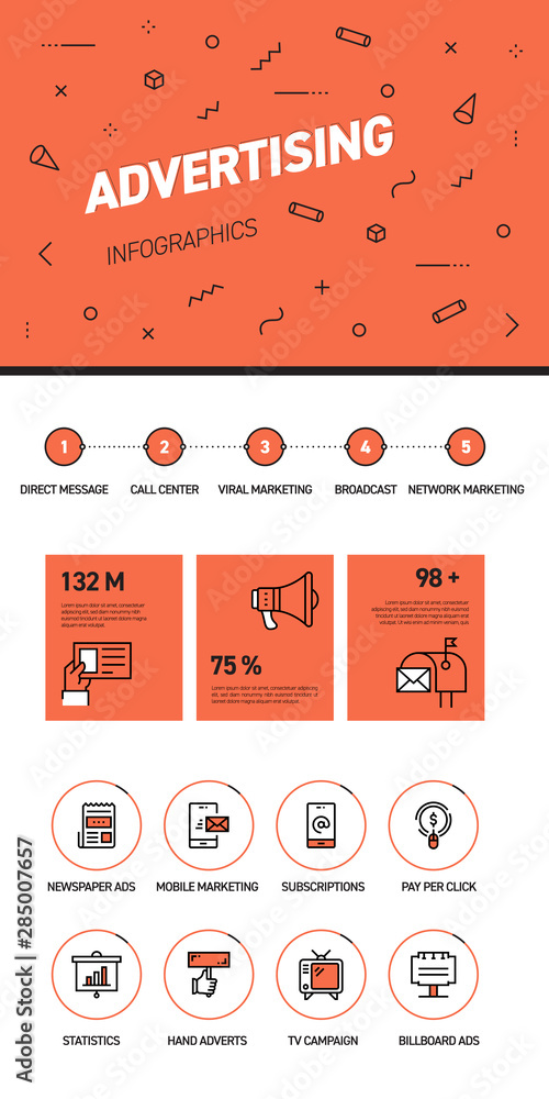 Aufkleber linear and flat web design template of three pages with colored outline icons of advertising. advert