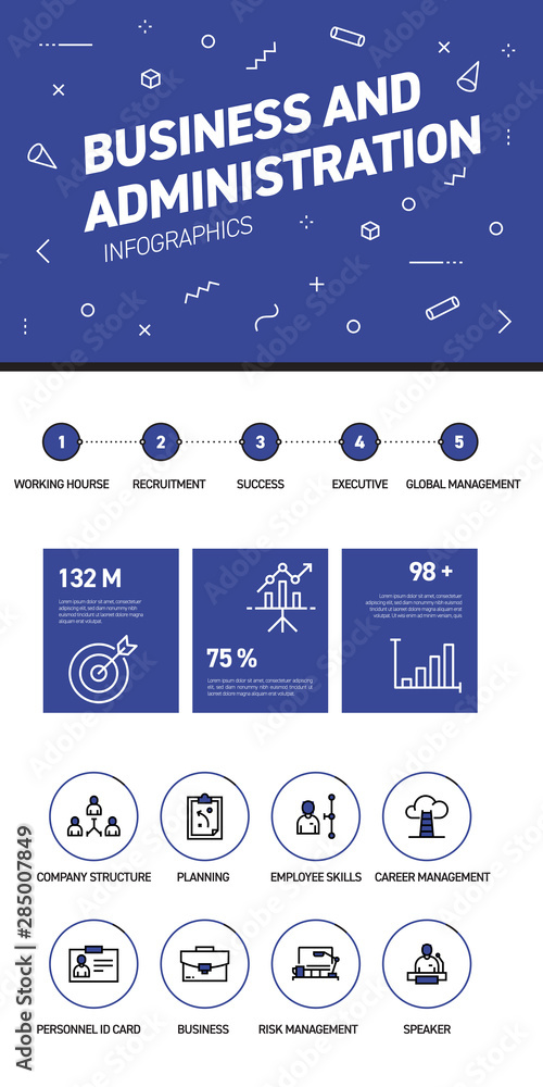 Poster linear and flat web design template of three pages with colored outline icons of business. business 