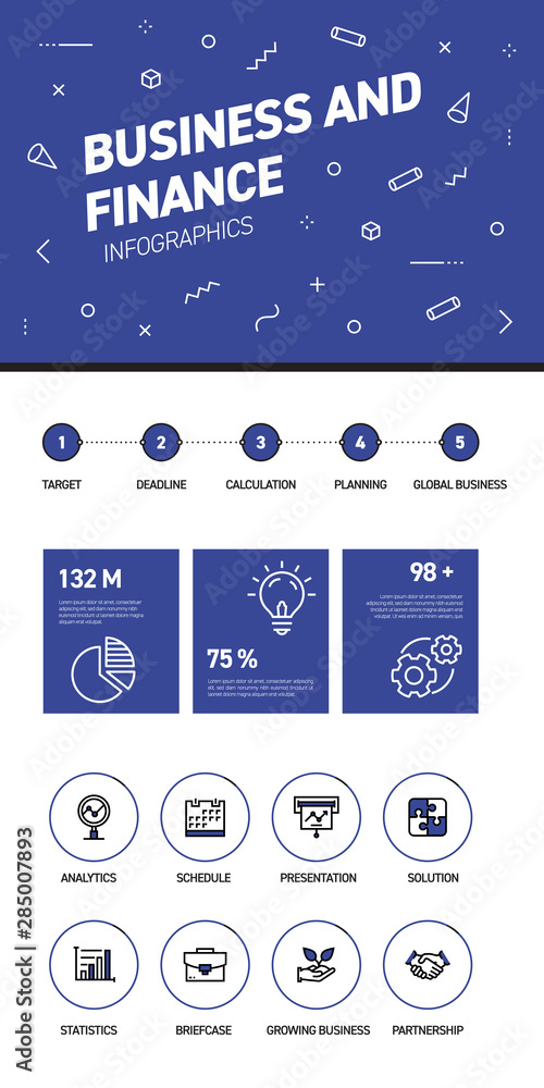 Poster linear and flat web design template of three pages with colored outline icons of business. business 
