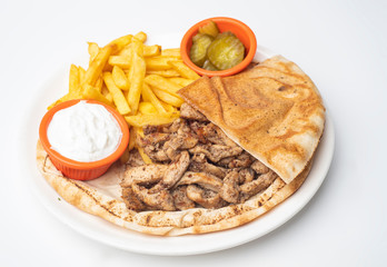 Chicken Shawarma Doner on a plate, Chicken Shawarma plate isolated on white background .