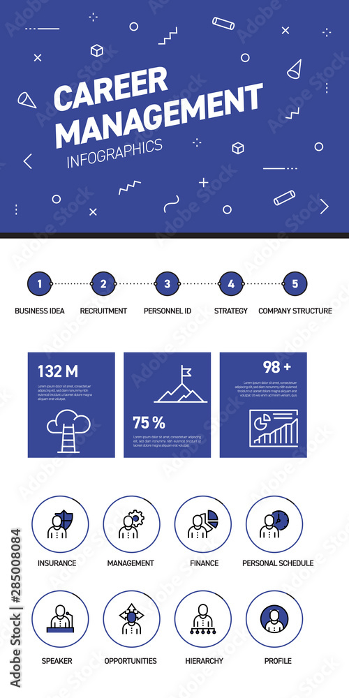 Poster linear and flat web design template of three pages with colored outline icons of career management. 