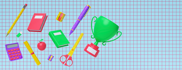 Back to school concept with school supplies. Horizontal banner. 3d rendering