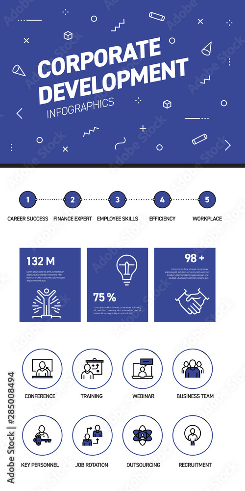 Poster linear and flat web design template of three pages with colored outline icons of corporate. corporat