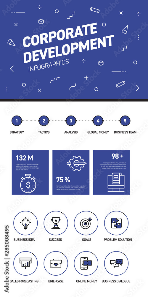 Poster linear and flat web design template of three pages with colored outline icons of corporate. corporat