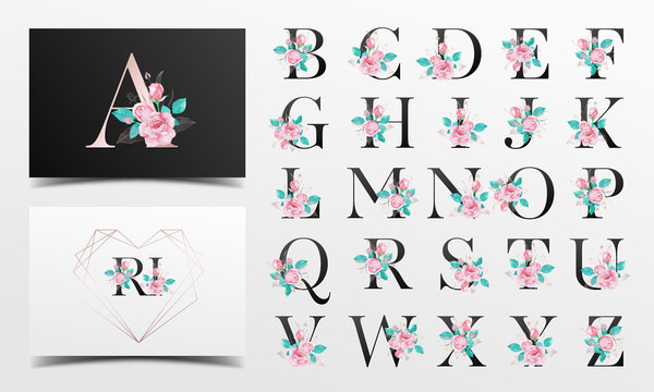 Beautiful alphabet collection with rose watercolor decoration