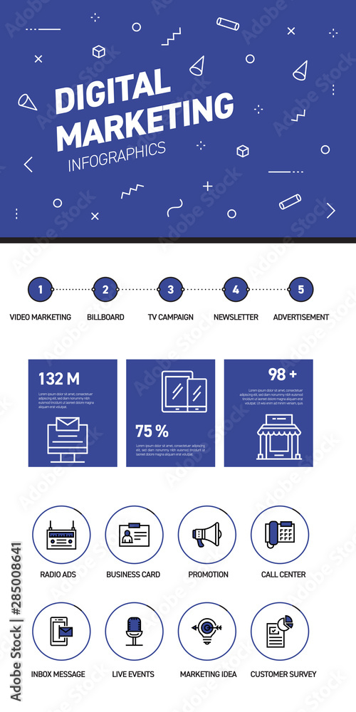 Poster linear and flat web design template of three pages with colored outline icons of digital markeitng .