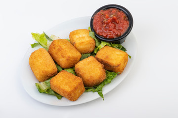 Breaded Cheesy Bites isolated on white, Mini Mozzarella sticks with dip isolated on white