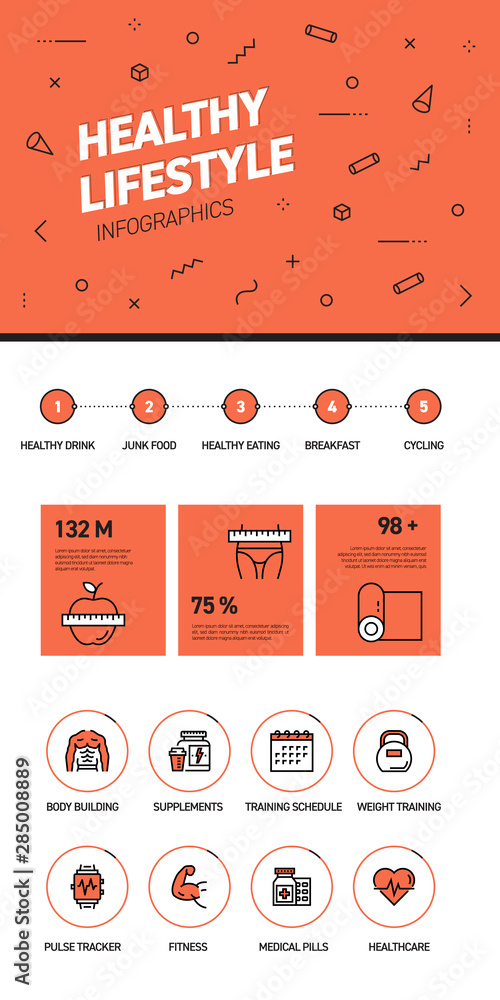 Poster linear and flat web design template of three pages with colored outline icons of healthcare. healthc