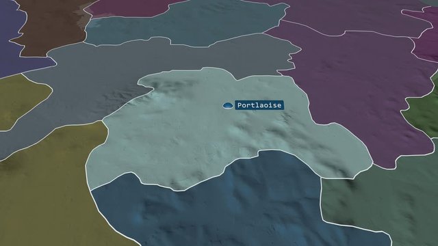 Laoighis - county of Ireland with its capital zoomed on the administrative map of the globe. Animation 3D