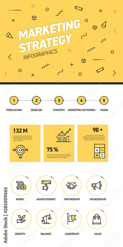 Poster linear and flat web design template of three pages with colored outline icons of marketing. marketin