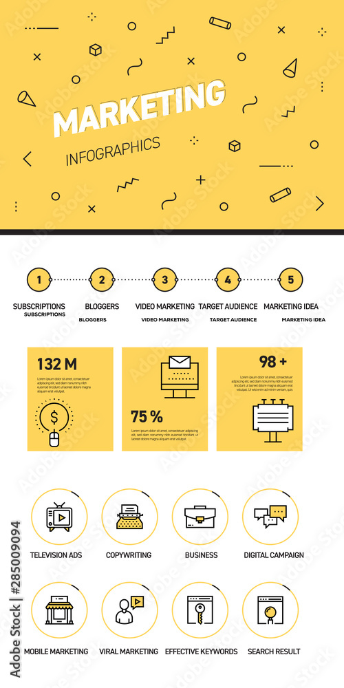 Poster linear and flat web design template of three pages with colored outline icons of marketing. marketin