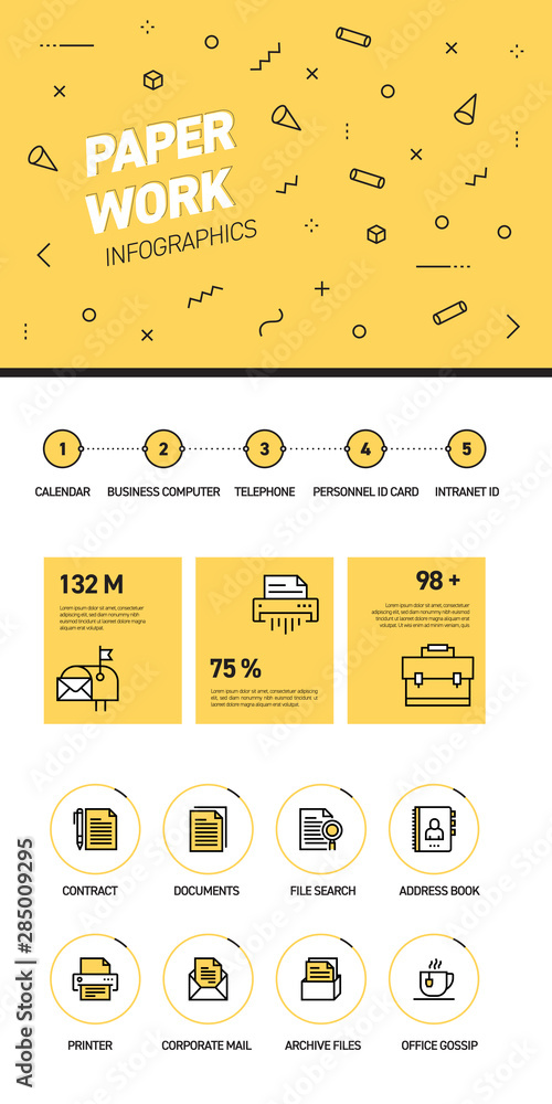 Aufkleber linear and flat web design template of three pages with colored outline icons of paper work. paper w
