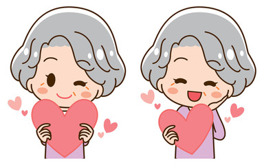 Illustration set of senior woman embracing heart