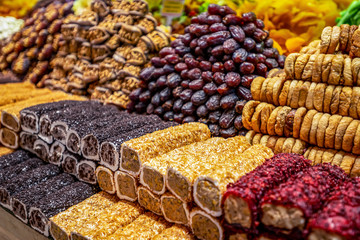 Istanbul, Turkey, Various of traditional Turkish delicious sweets in the Egyptian spicy market and the Grand Bazaar with rahat lukum in counter.