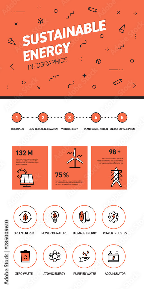 Poster linear and flat web design template of three pages with colored outline icons of energy. energy bann