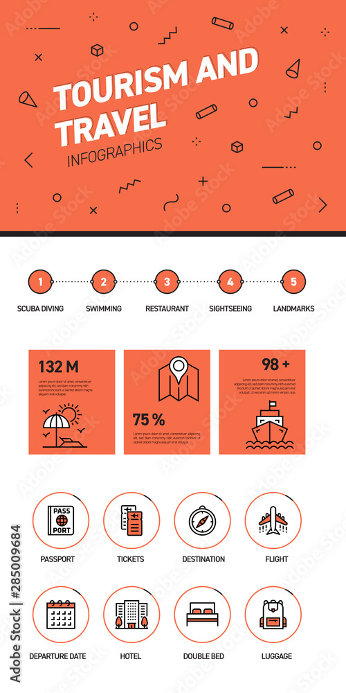 Poster linear and flat web design template of three pages with colored outline icons of tourism and travel.