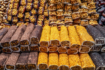 Istanbul, Turkey, Various of traditional Turkish delicious sweets in the Egyptian spicy market and...