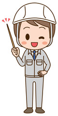 Illustration of a man in work clothes with a pointing stick
