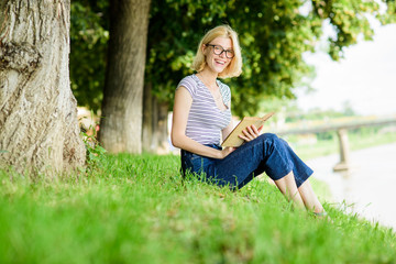 interesting story. Relax and get new information. inspired by novel author. student girl with book outdoor. woman in park reading book. reading is my hobby. Summer study. fiction book