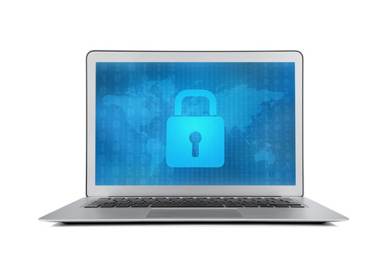 Internet security lock at the modern laptop monitor isolated on white background