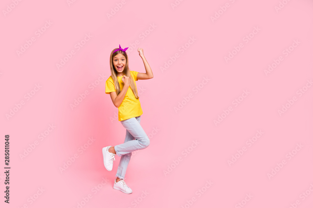 Sticker Full length body size view of her she nice attractive lovely cheerful cheery ecstatic pre-teen girl wearing yellow t-shirt having fun party attainment isolated over pink pastel background