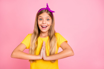 Close-up portrait of her she nice attractive lovely cheerful cheery addicted pre-teen girl wearing...