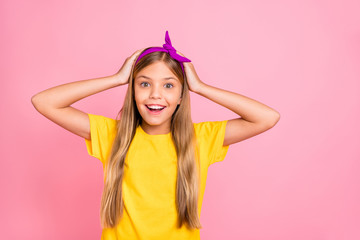 Fototapeta na wymiar Close-up portrait of her she nice attractive winsome lovely cheerful cheery pre-teen girl wearing yellow t-shirt amazement expression isolated over pink pastel background