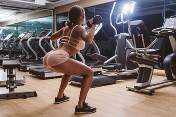 Fototapeta na wymiar Young sports girl in the gym with dumbbells in hands