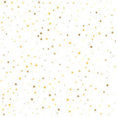 Abstract pattern of random falling gold stars. Christmas and New Year card, invitation, postcard, paper packaging.