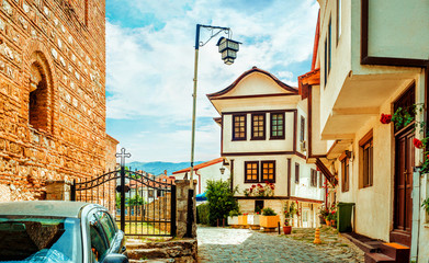 North macedonia. Ohrid. Small street with beutiful old buildings