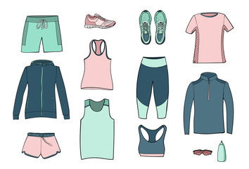 Running clothes set of hand drawn illustrations. Colorful doodle style. Vector