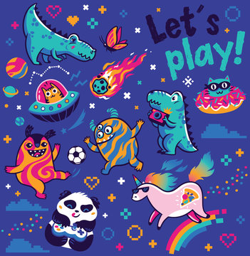 Let's Play. Fantastic Animals Collection In Vector. Cosmic Aliens, Dinosaurs, Cool Unicorn, Panda Gamer