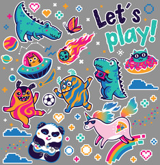 Fototapeta na wymiar Let's play. Kids sticker collection in vector. Cute fantasy animals, cosmic aliens, cool unicorn, panda gamer and other