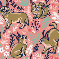 Caracal Kitten seamless pattern in the floral background