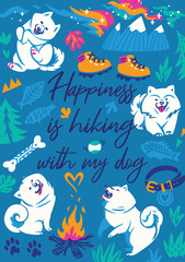 Happiness is hiking with my dog. Vector poster with dogs walking in forest