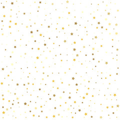 Christmas and New Year card, invitation, postcard, paper packaging. Christmas stars background vector, flying gold sparkles confetti.